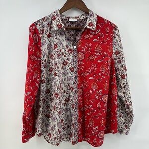 Red and White floral button blouse J. Jill size Large boho cottagecore